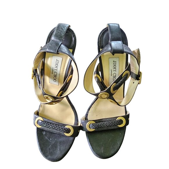 Jimmy Choo Black Leather & Gold Snake-Print Heeled Sandals With Buckle Closure S - Picture 7 of 13